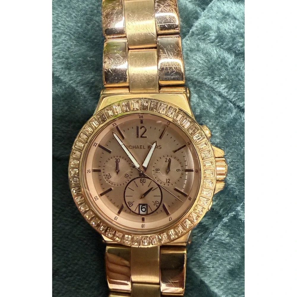 Michael Kors Tank MK 5412 Rose Gold Watch Rhinestone Glam